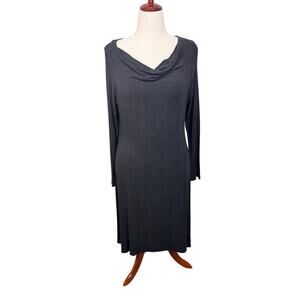 EIleen Fisher dress dark gray knit long sleeve open draping cowl neckline Sz L